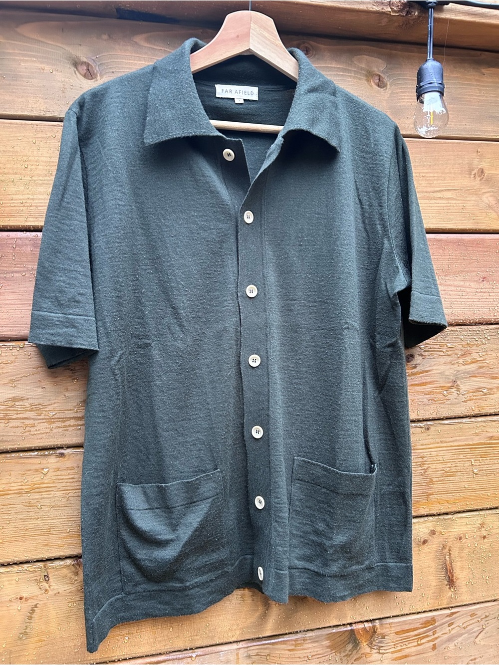 Men’s Far Afield large forest green knit sweater button up polo